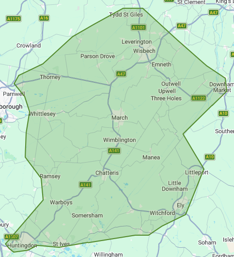 Map of OJD Drainage Services coverage area across March, Wisbech, Chatteris and the surrounding Fenland villages